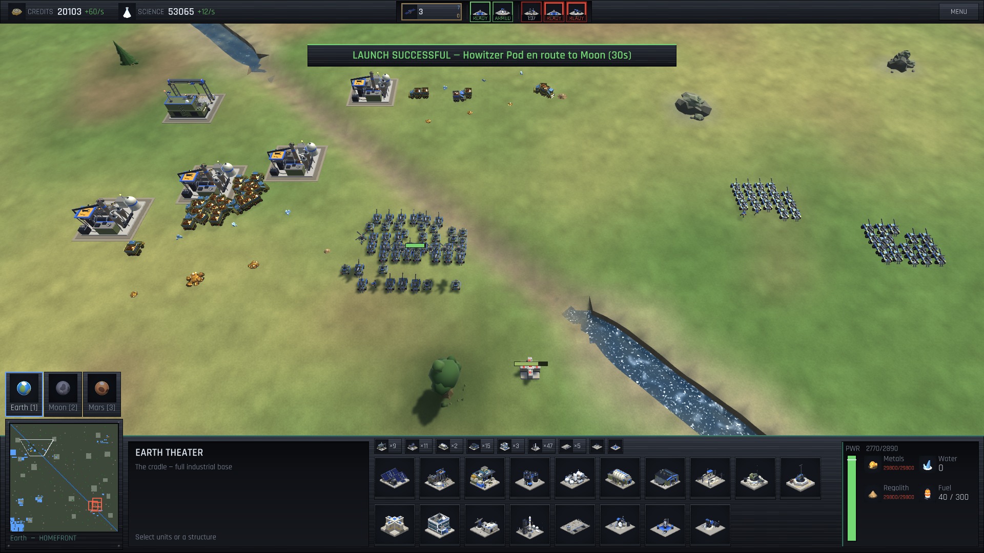 An Earth district burning under orbital bombardment in Aether Ascent while a relief pod launches for the Moon
