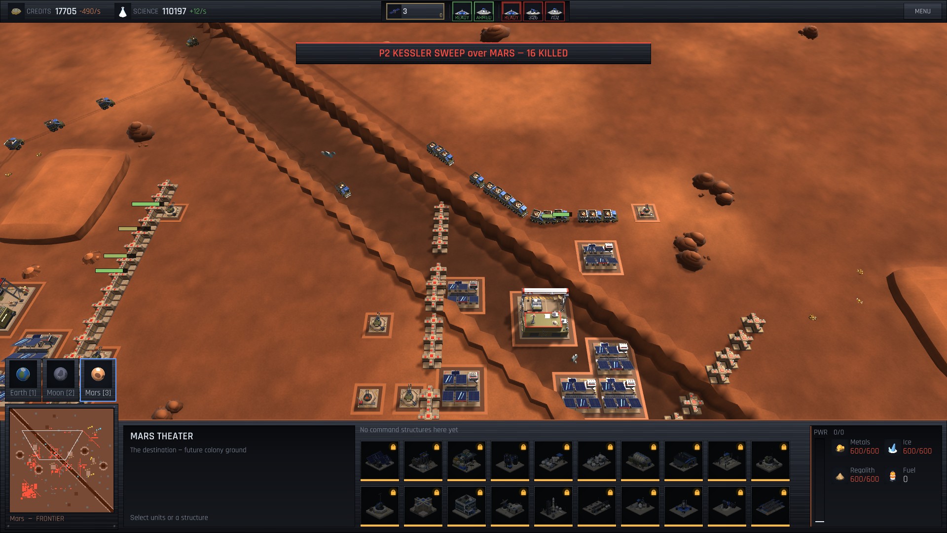 A Kessler debris sweep over Mars in Aether Ascent — sixteen parked shipments destroyed in orbit
