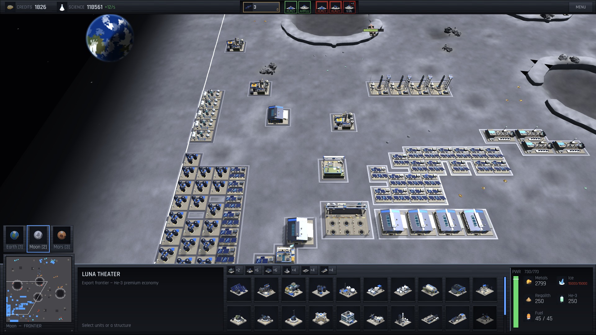 Earthrise over a lunar industrial base in Aether Ascent — rockets staged for the Mars invasion