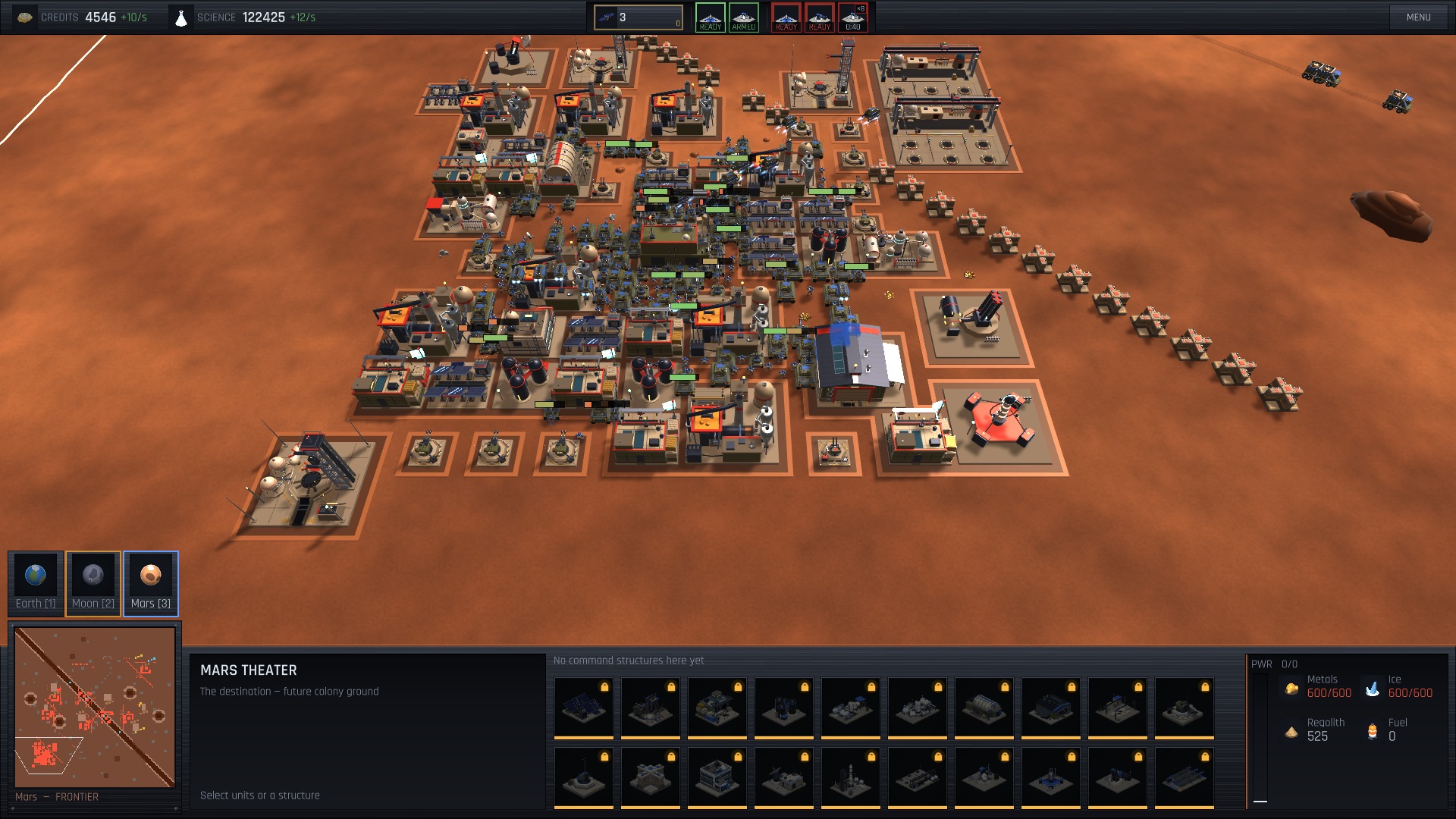 The enemy fortress on Mars in Aether Ascent — walls, superweapons, and a garrison army
