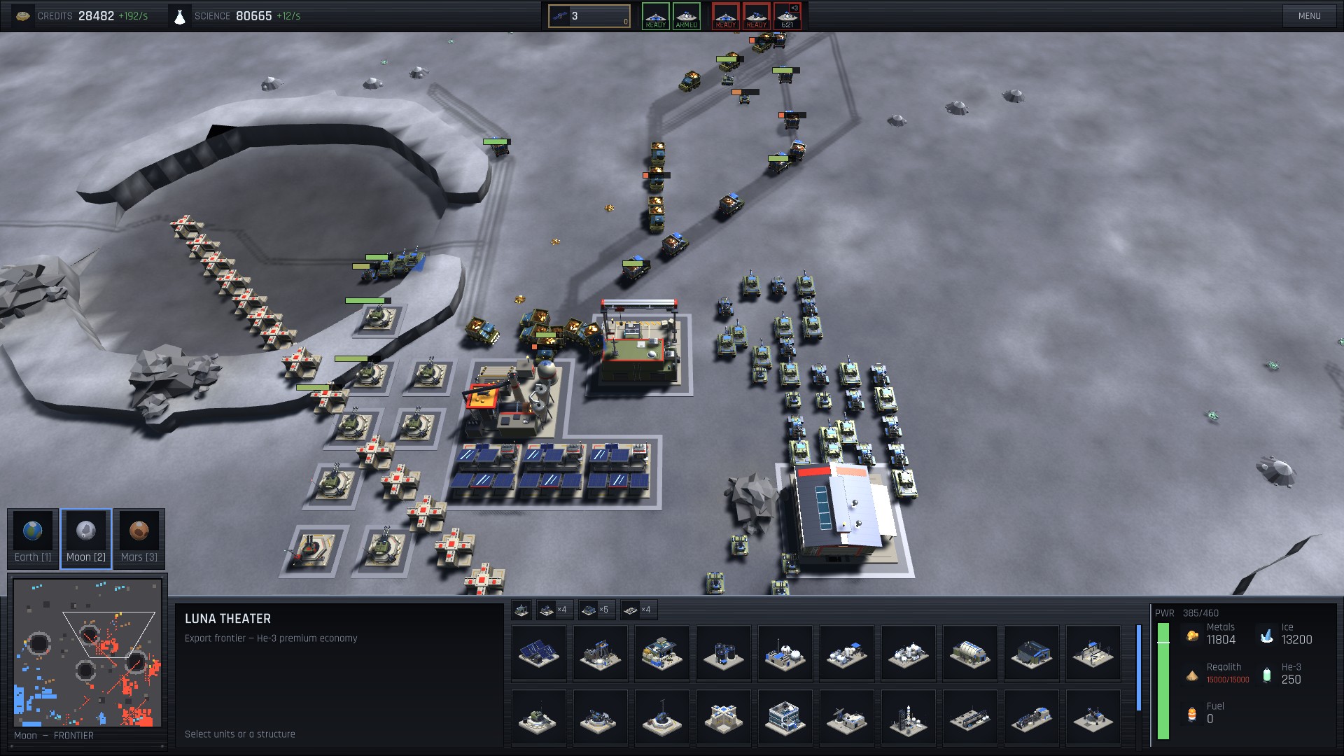 The siege of the Moon in Aether Ascent — massed armor against a fortified crater line