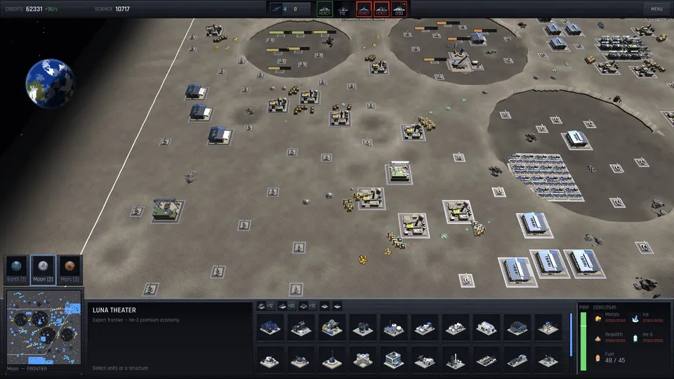 Earthrise over a lunar base in Aether Ascent — refineries, factories and a solar field among the craters